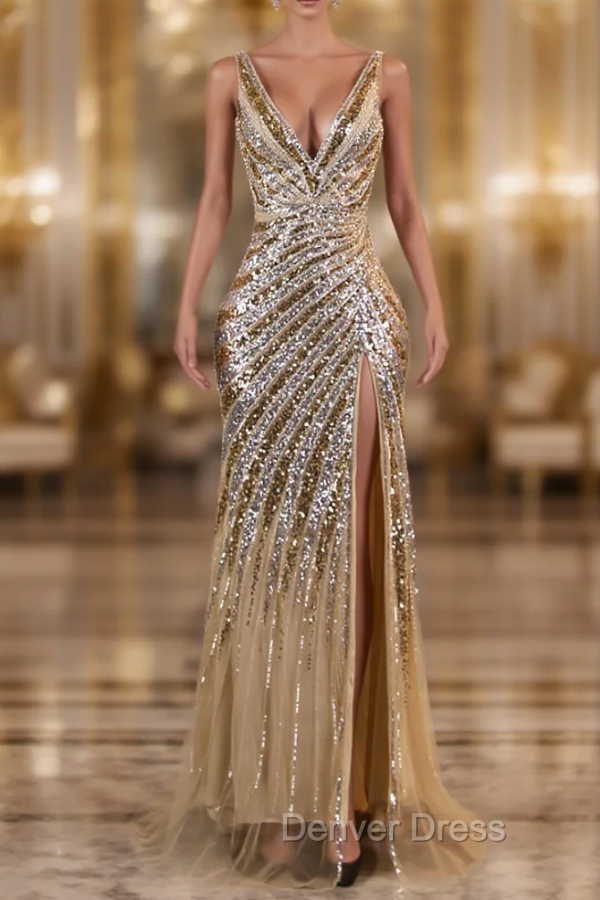 Gold Mermaid Sequins V-neck Split Prom Dresses Main image