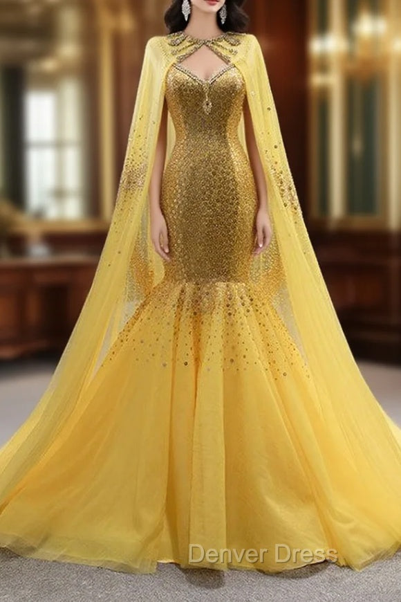 Gold Mermaid Tulle Sequins Crystal Spaghetti Straps Prom Dresses With Shawl