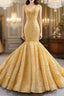 Gold Mermaid V Neck Sequins Pearls Prom Dresses