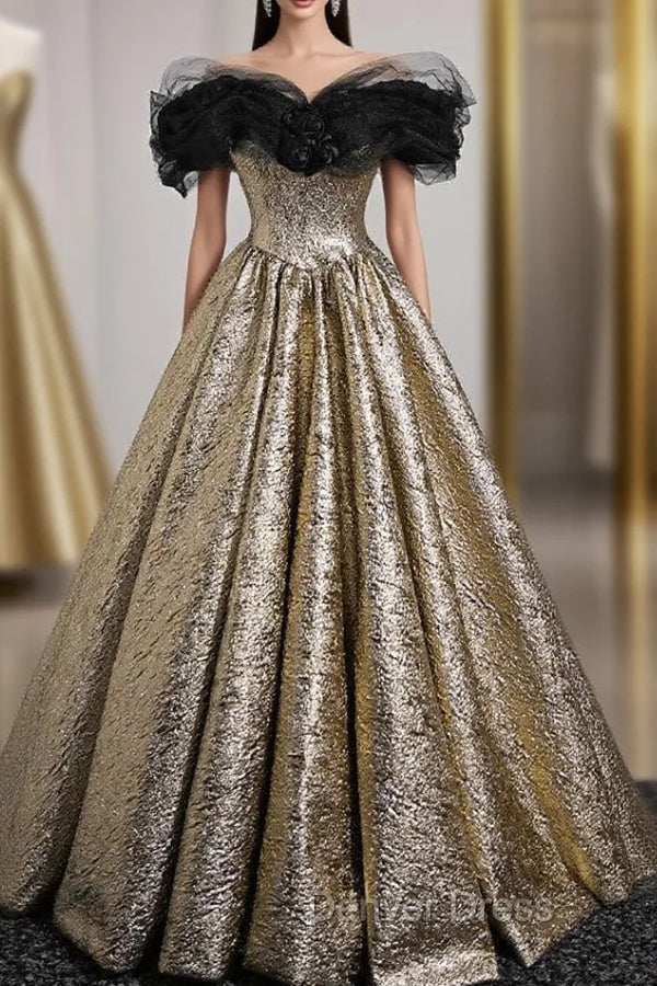 Gold Off the Shoulder Black Flower Prom Dresses