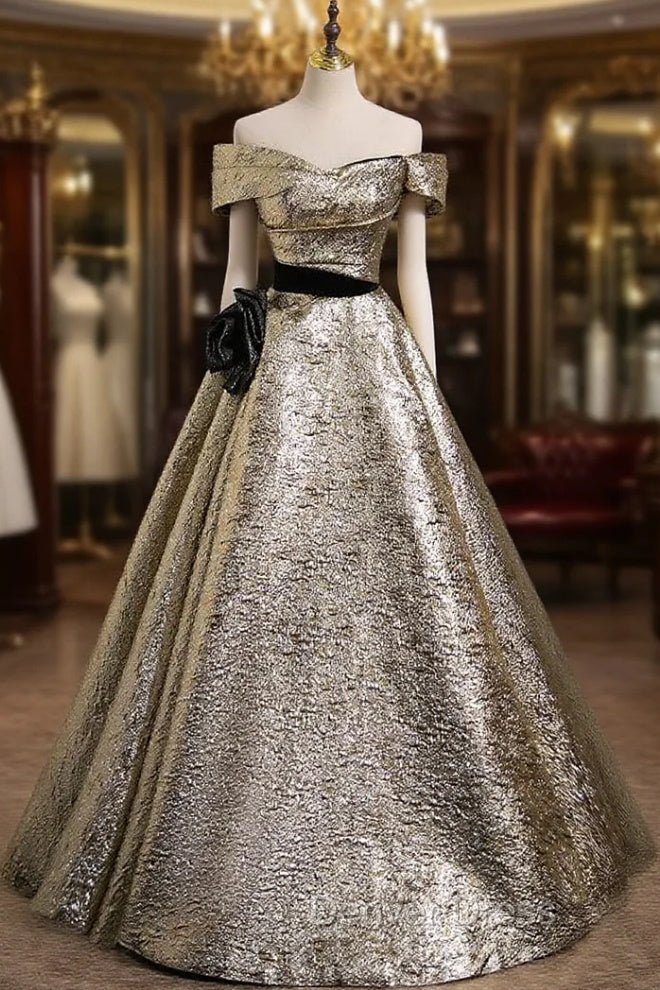 Gold Off the Shoulder Flower Prom Dresses