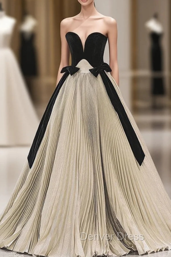 Gold Pleats Strapless Black Velvet Prom Dresses