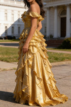 Gold Ruffled A-Line Square Neck Long Prom Dresses