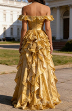 Gold Ruffled A-Line Square Neck Long Prom Dresses