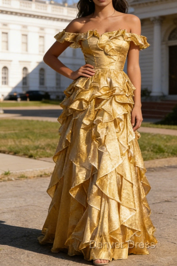 Gold Ruffled A-Line Square Neck Long Prom Dresses Main image