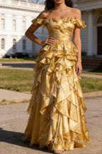 Gold Ruffled A-Line Square Neck Long Prom Dresses