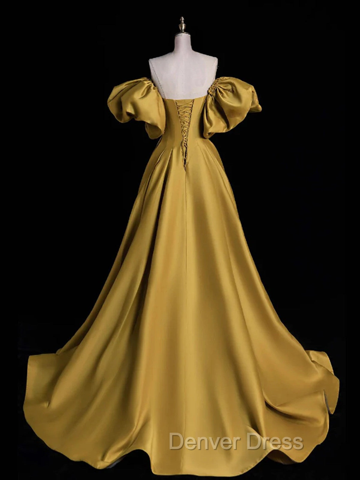 Gold Satin A Line Lace up Long Prom Dress with Sleeves, Gold Satin Prom Dresses Secondary image