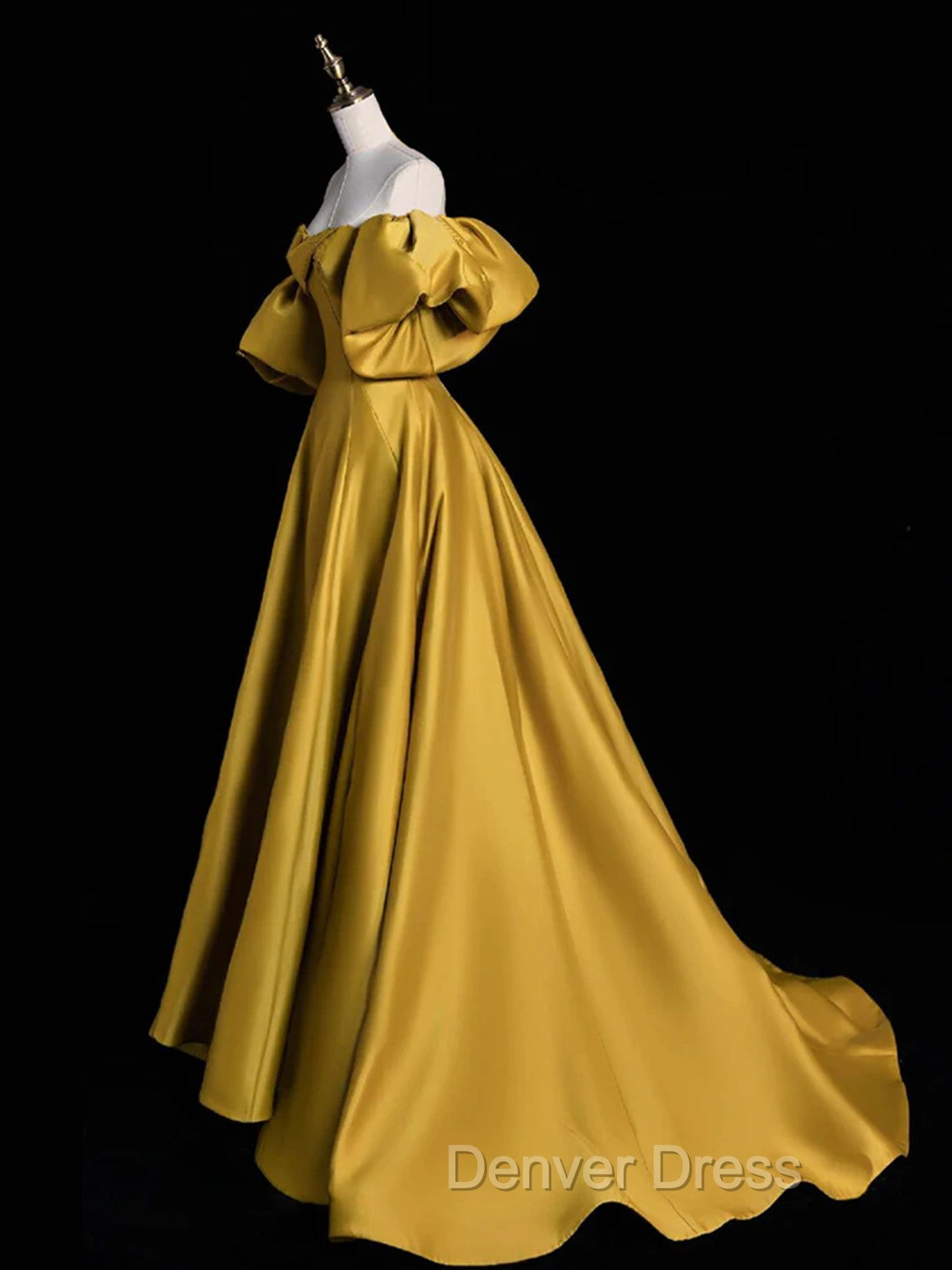 Gold Satin A Line Lace up Long Prom Dress with Sleeves, Gold Satin Prom Dresses