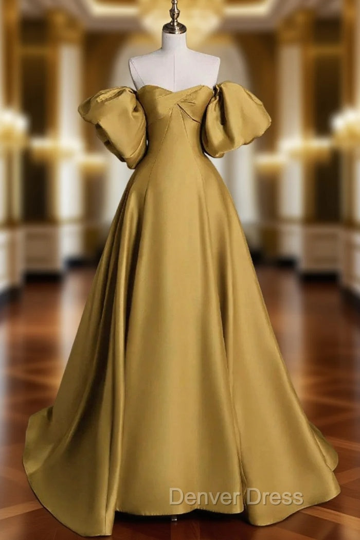 Gold Satin A-line Lace-up Long Party Dresses with Sleeves, Gold Satin Prom Dresses