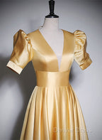 Gold Satin A Line Short Sleeves Floor Length Prom Dress, Gold Simple Prom Dresses