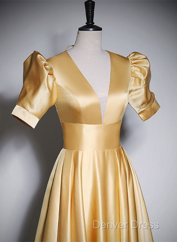 Gold Satin A Line Short Sleeves Floor Length Prom Dress, Gold Simple Prom Dresses