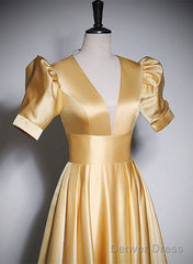 Gold Satin A-Line Short Sleeves Floor Length Party Dress, Gold Simple Formal Dress