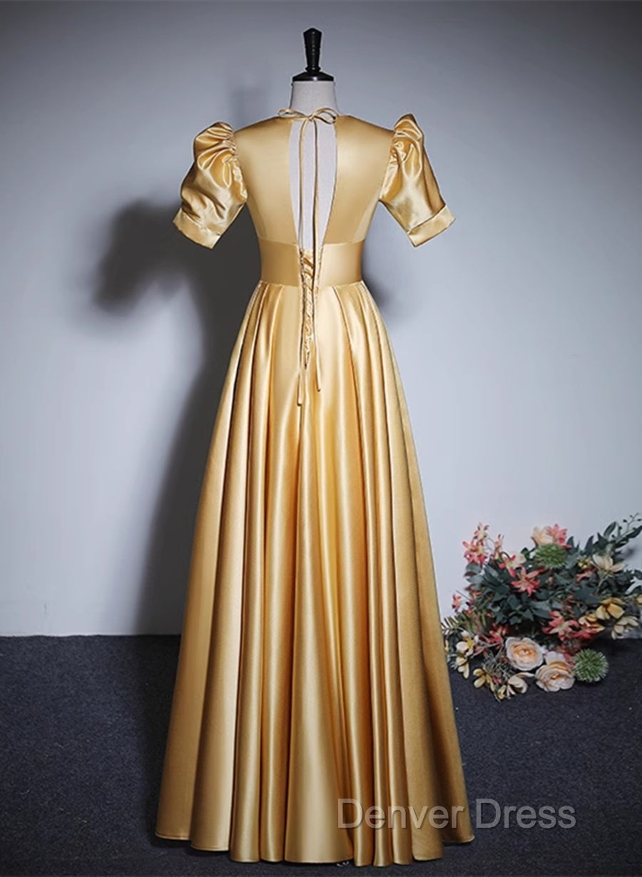 Gold Satin A Line Short Sleeves Floor Length Prom Dress, Gold Simple Prom Dresses