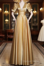 Gold Satin A Line Short Sleeves Floor Length Prom Dress, Gold Simple Prom Dresses