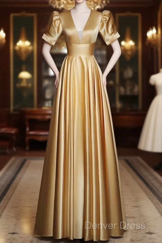 Gold Satin A Line Short Sleeves Floor Length Prom Dress, Gold Simple Prom Dresses