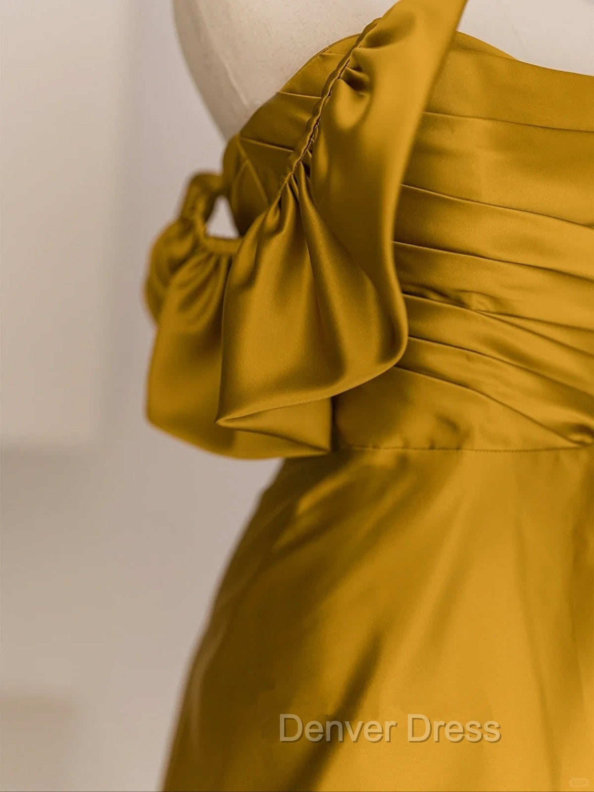 Gold Satin Off Shoulder Long Prom Dress, Gold Satin Prom Dresses Secondary image