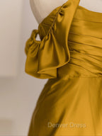 Gold Satin Off Shoulder Long Prom Dress, Gold Satin Prom Dresses