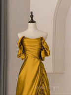 Gold Satin Off Shoulder Long Prom Dress, Gold Satin Prom Dresses