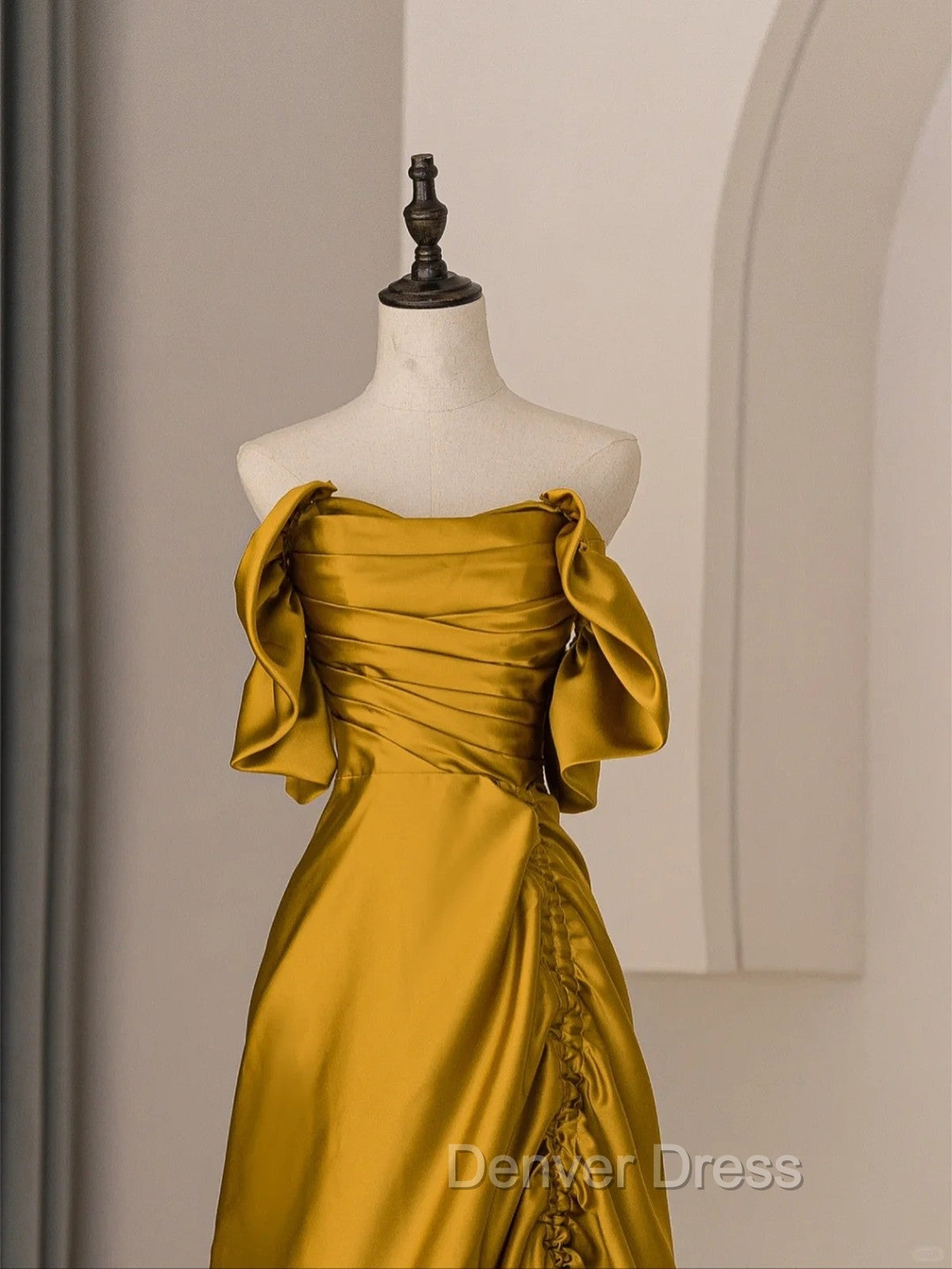 Gold Satin Off Shoulder Long Prom Dress, Gold Satin Prom Dresses