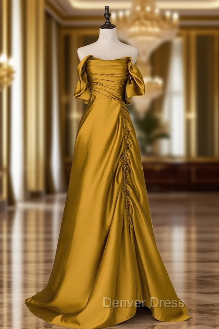 Gold Satin Off Shoulder Long Prom Dress, Gold Satin Prom Dresses