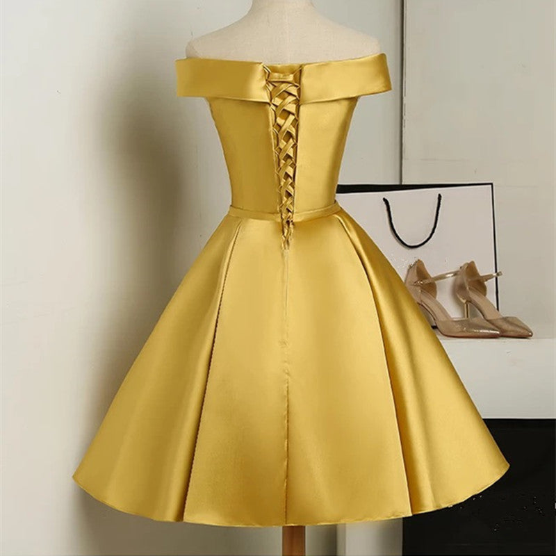 Gold Satin Off Shoulder Short Prom Dress , Lovely Prom Dresses Secondary image