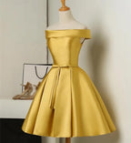 Gold Satin Off Shoulder Short Prom Dress , Lovely Prom Dresses