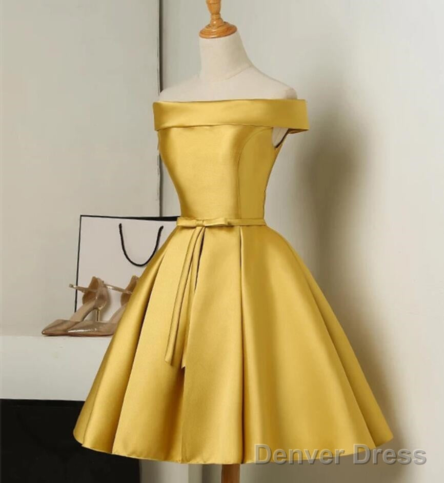 Gold Satin Off Shoulder Short Prom Dress , Lovely Prom Dresses