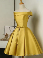 Gold Satin Off Shoulder Short Formal Dress , Lovely Formal Dresses