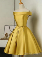Gold Satin Off Shoulder Short Prom Dress , Lovely Prom Dresses