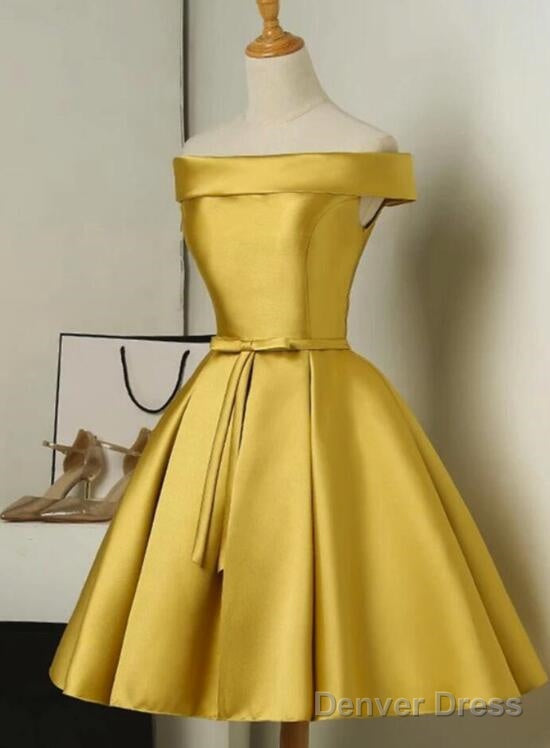 Gold Satin Off Shoulder Short Prom Dress , Lovely Prom Dresses
