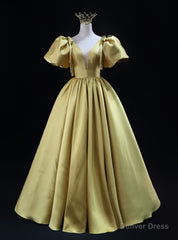 Gold Satin Puff Sleeve V-neck Prom Dress