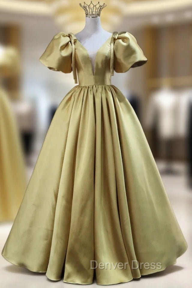Gold Satin Puff Sleeve V Neck Prom Dresses
