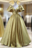 Gold Satin Puff Sleeve V Neck Prom Dresses