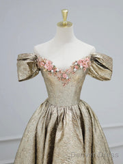 Gold Satin V-Neck Long Prom Dress With Flowers, Off The Shoulder A-Line Formal Dress