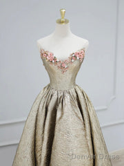 Gold Satin V-Neck Long Prom Dress With Flowers, Off The Shoulder A-Line Formal Dress