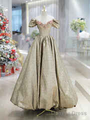 Gold Satin V-Neck Long Prom Dress With Flowers, Off The Shoulder A-Line Formal Dress