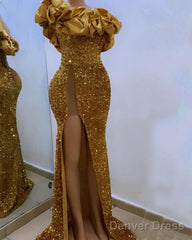 Gold Sequin Mermaid Strapless Split Prom Dresses