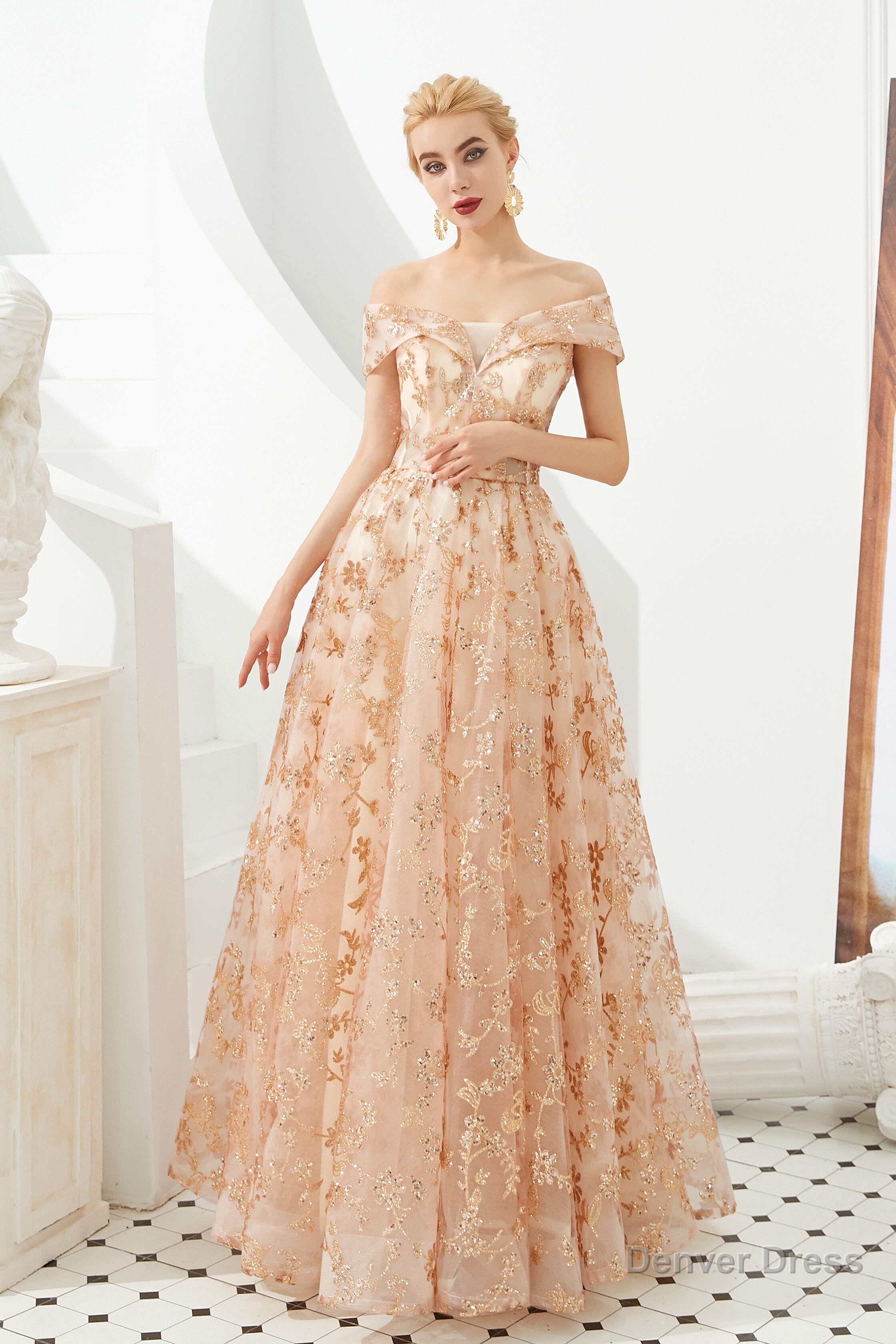Gold Sequin Off the Shoulder A Line Floor Length Lace Prom Dresses Main image