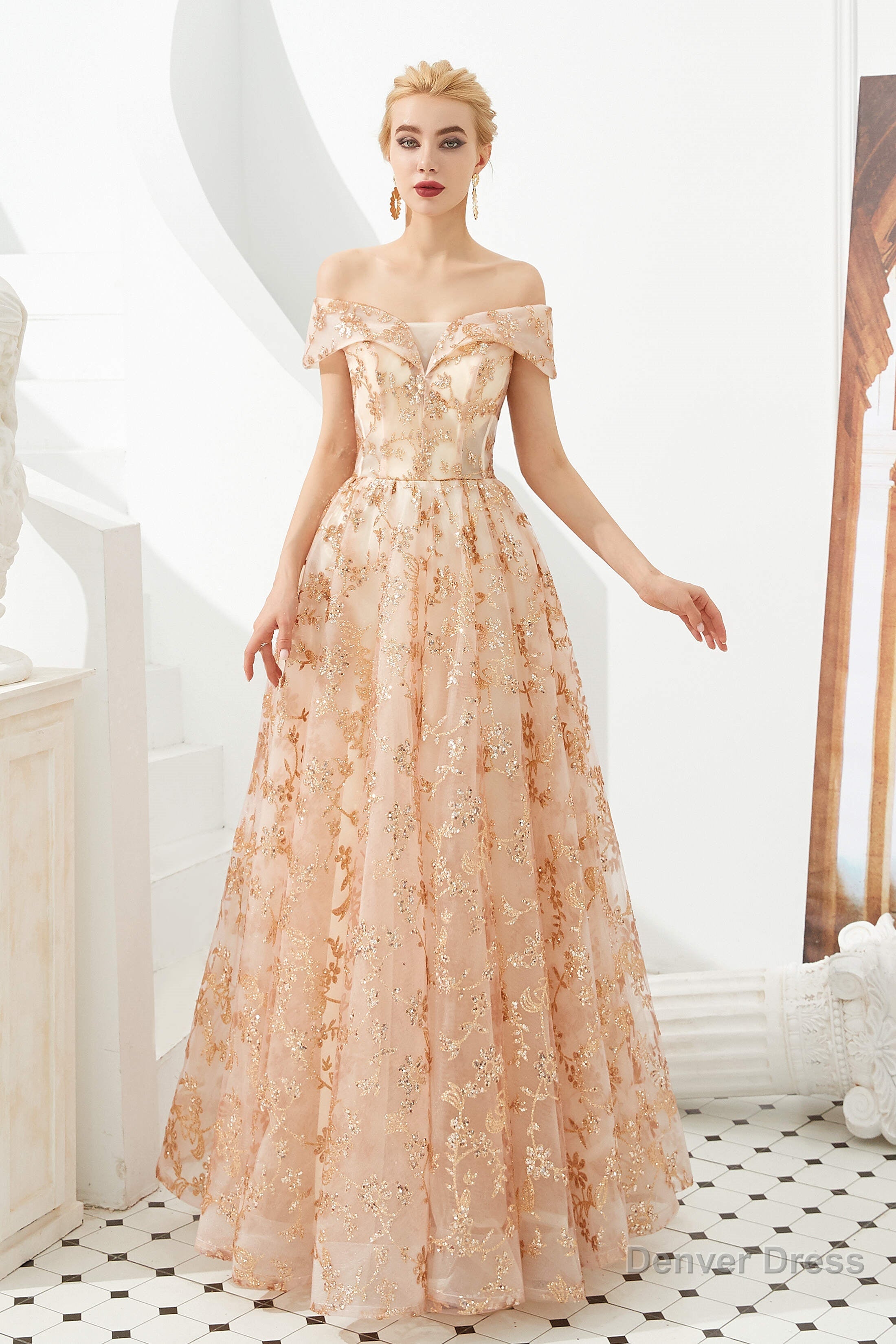 Gold Sequin Off the Shoulder A Line Floor Length Lace Prom Dresses Secondary image