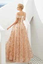 Gold Sequin Off the Shoulder A-line Floor Length Lace Prom Dresses