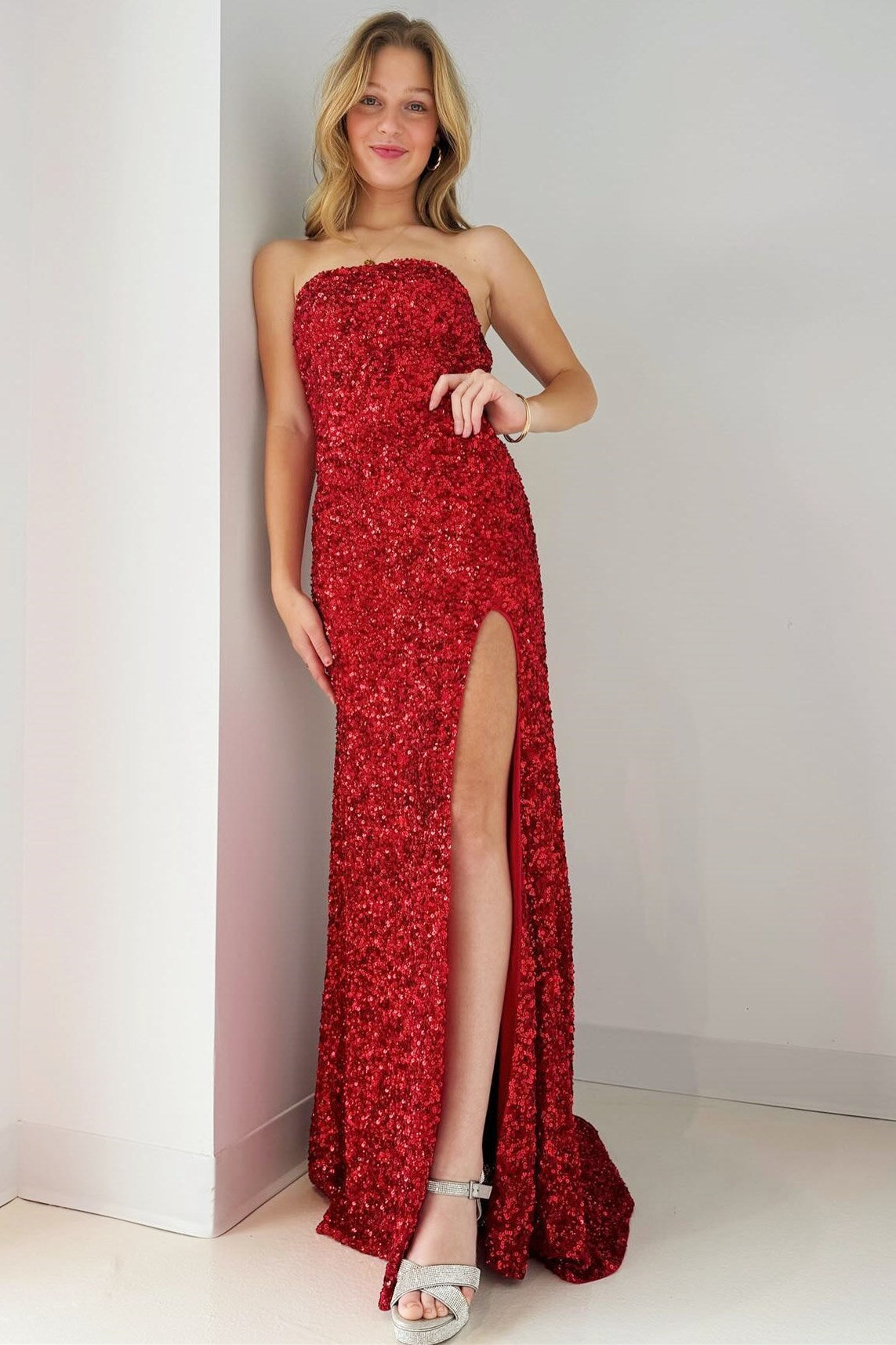 Gold Sequin Strapless Backless Mermaid Long Prom Dresses With Slit