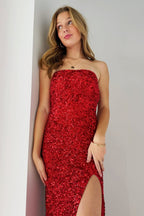 Gold Sequin Strapless Backless Mermaid Long Prom Dresses With Slit