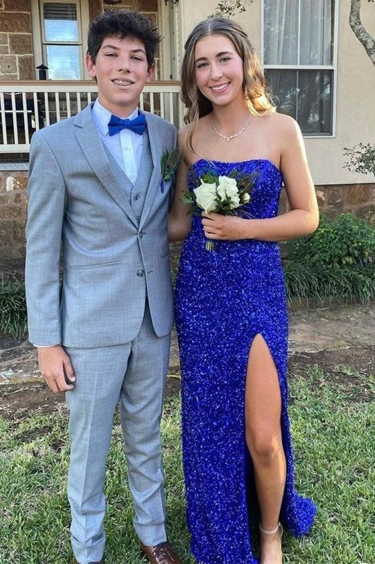 Gold Sequin Strapless Backless Mermaid Long Prom Dresses With Slit