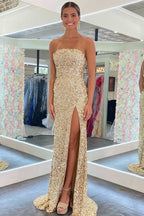 Gold Sequin Strapless Backless Mermaid Long Prom Dresses With Slit
