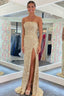 Gold Sequin Strapless Backless Mermaid Long Prom Dresses With Slit