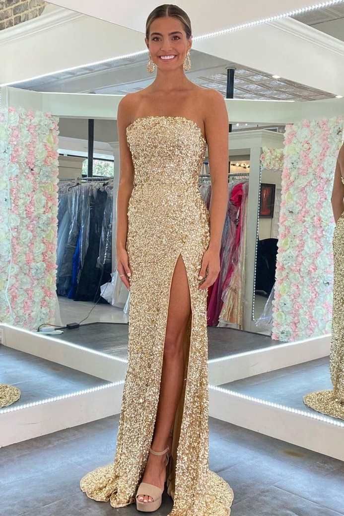 Gold Sequin Strapless Backless Mermaid Prom Dresses Main image