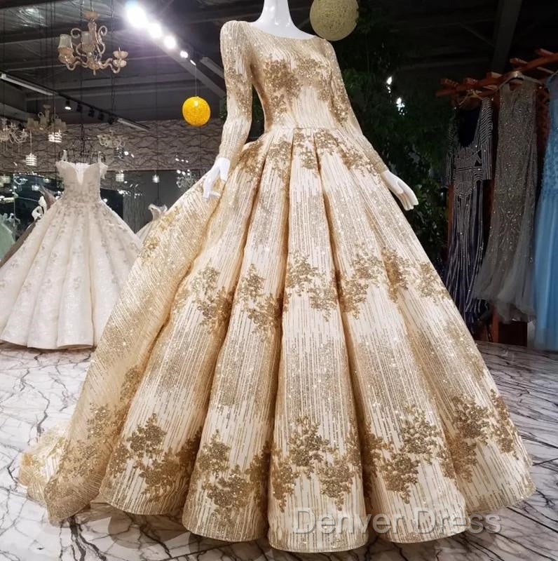 Gold Sequins Ball Gown Wedding Dresses Long Sleeves Open Back