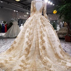 Gold Sequins Ball Gowns Wedding Dresses Long Sleeves Open Back