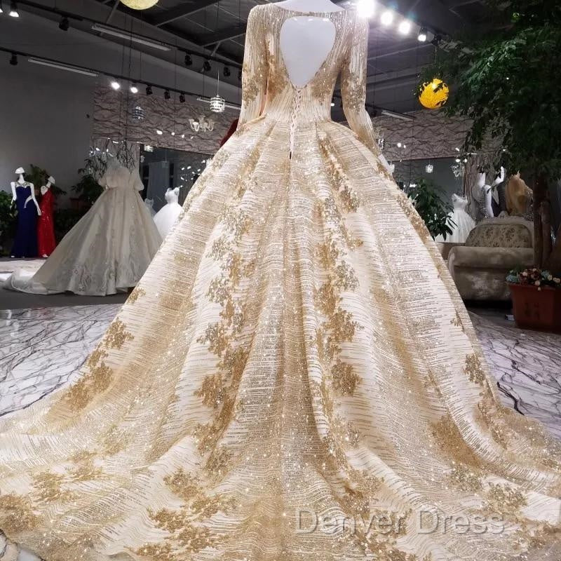 Gold Sequins Ball Gowns Wedding Dresses Long Sleeves Open Back
