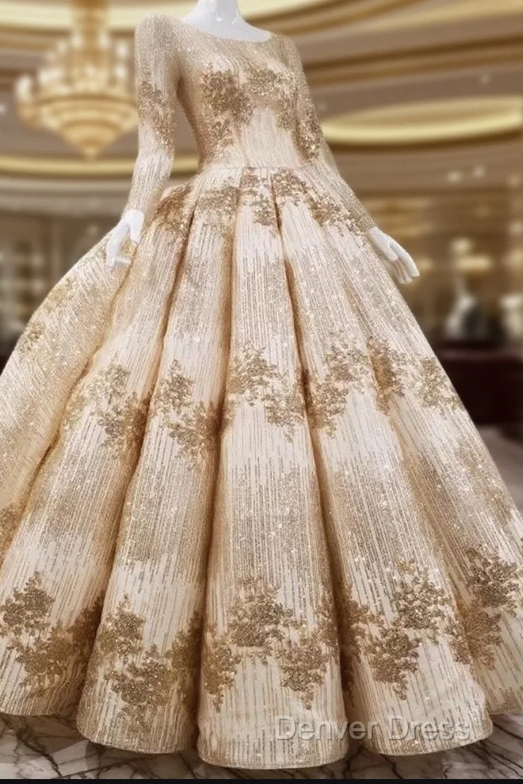 Gold Sequins Ball Gowns Wedding Dresses Long Sleeves Open Back